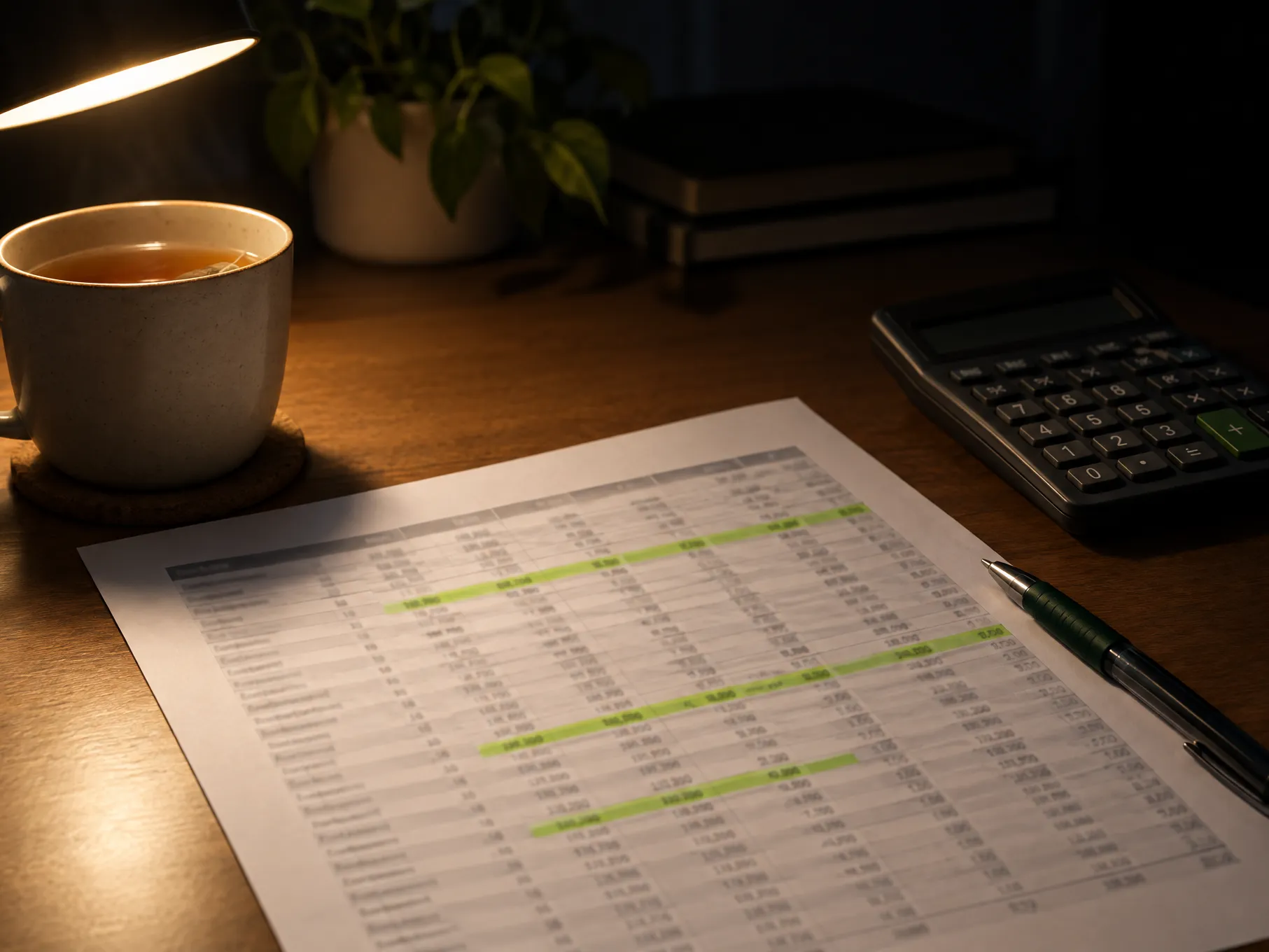 Un bureau le soir sous une lampe : une feuille de chiffres surlignée, une calculatrice et une tasse de thé.
